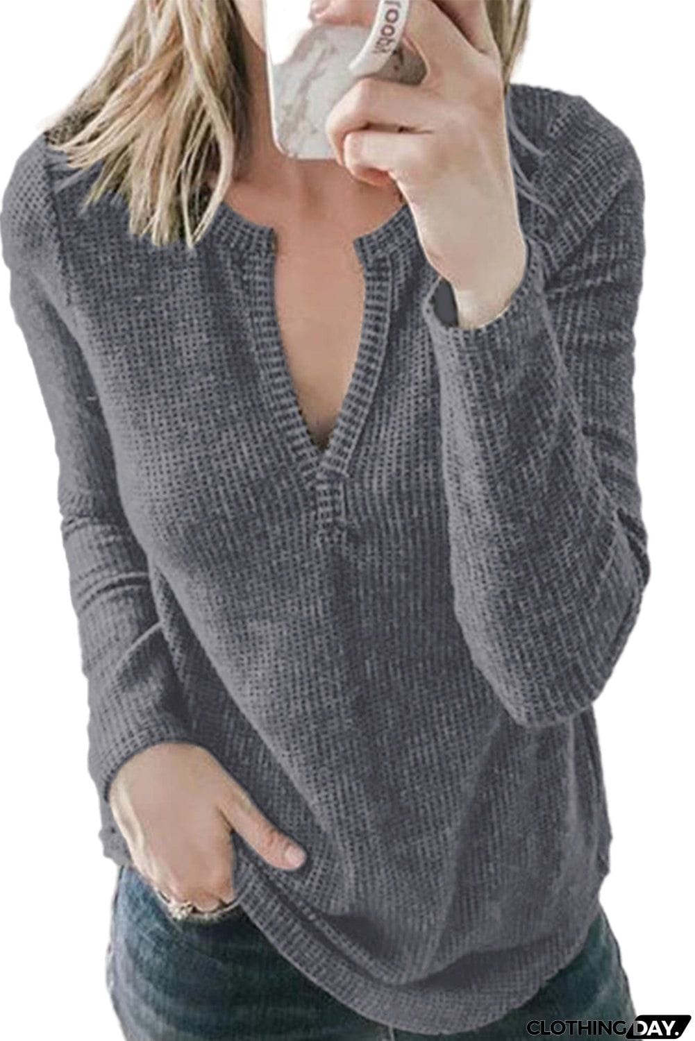 V Neck Cotton Blend Long Sleeve Top