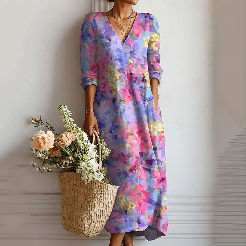 Comstylish Women's Floral Art Print Linen Blend Casual Dress