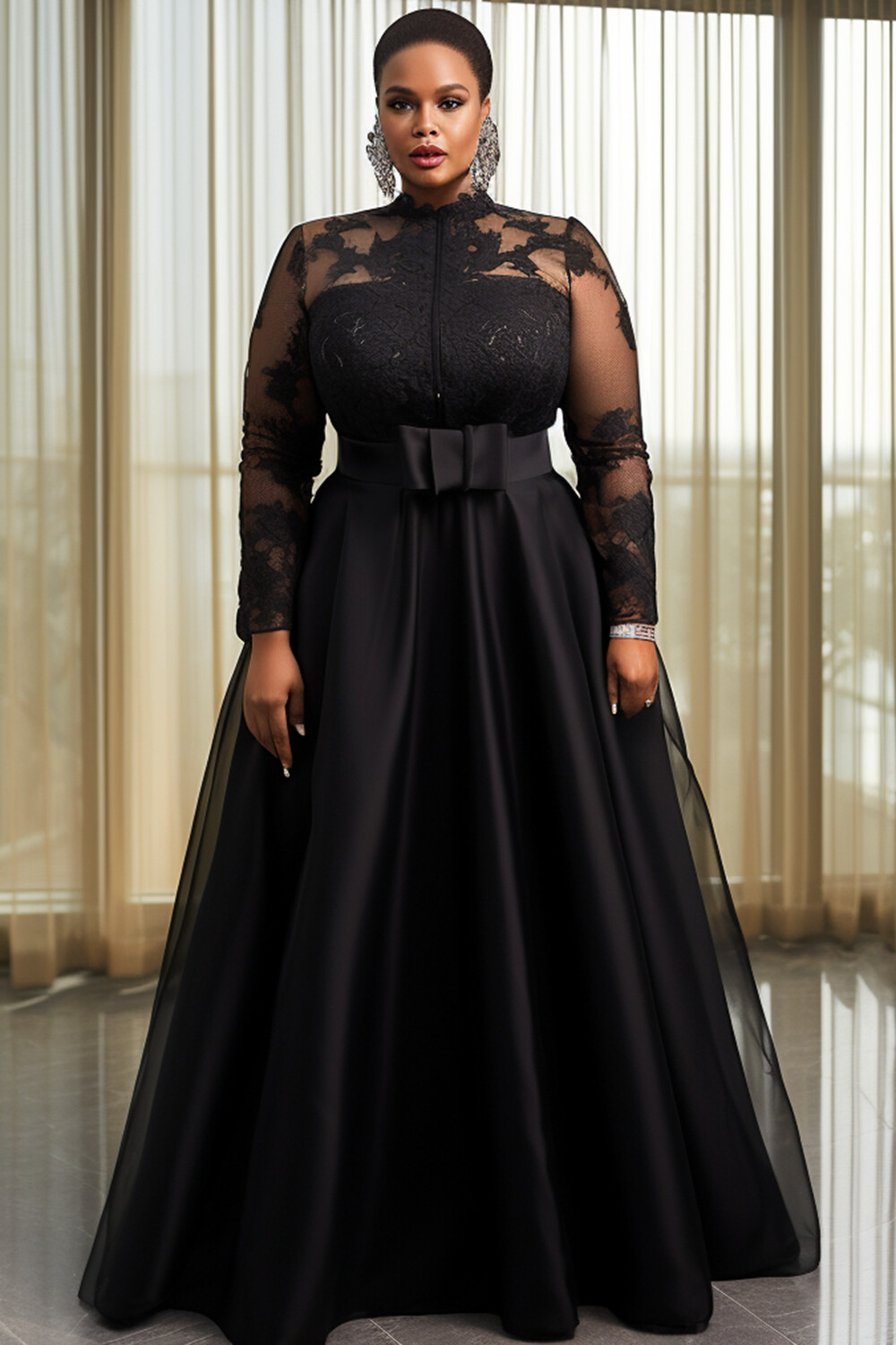 Xpluswear Design Plus Size Formal Organza Black Elegant Round Neck Long Sleeve See Through Lace Maxi Dresses [Pre-Order]