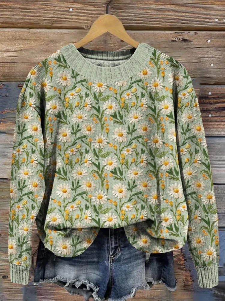VChics Embroidered Daisies Pattern Crew Neck Comfy Sweater