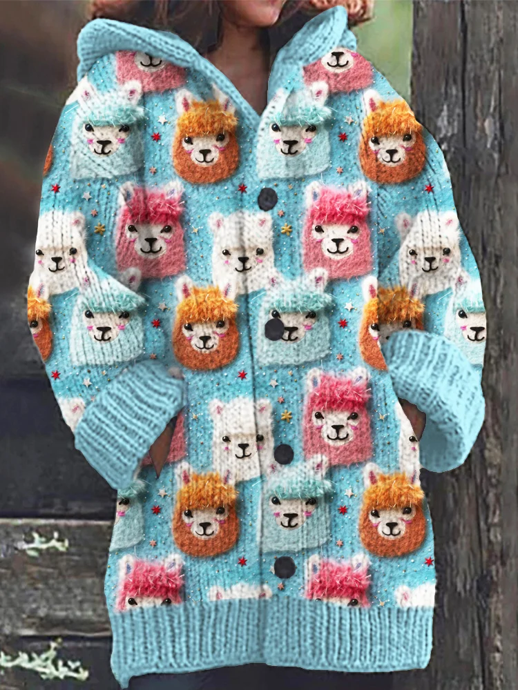 VChics Llama Pattern Casual Cozy Knit Hooded Cardigan
