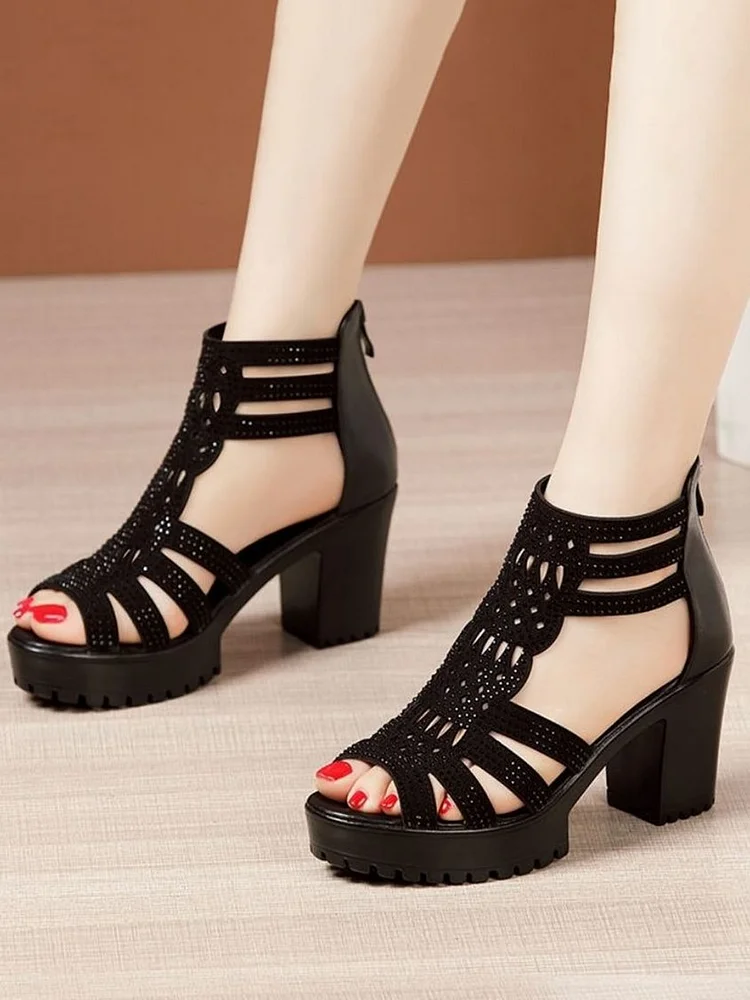 Rhinestone Decor Hollow Out Zipper Back Peep Toe Chunky HeelSandals cc25