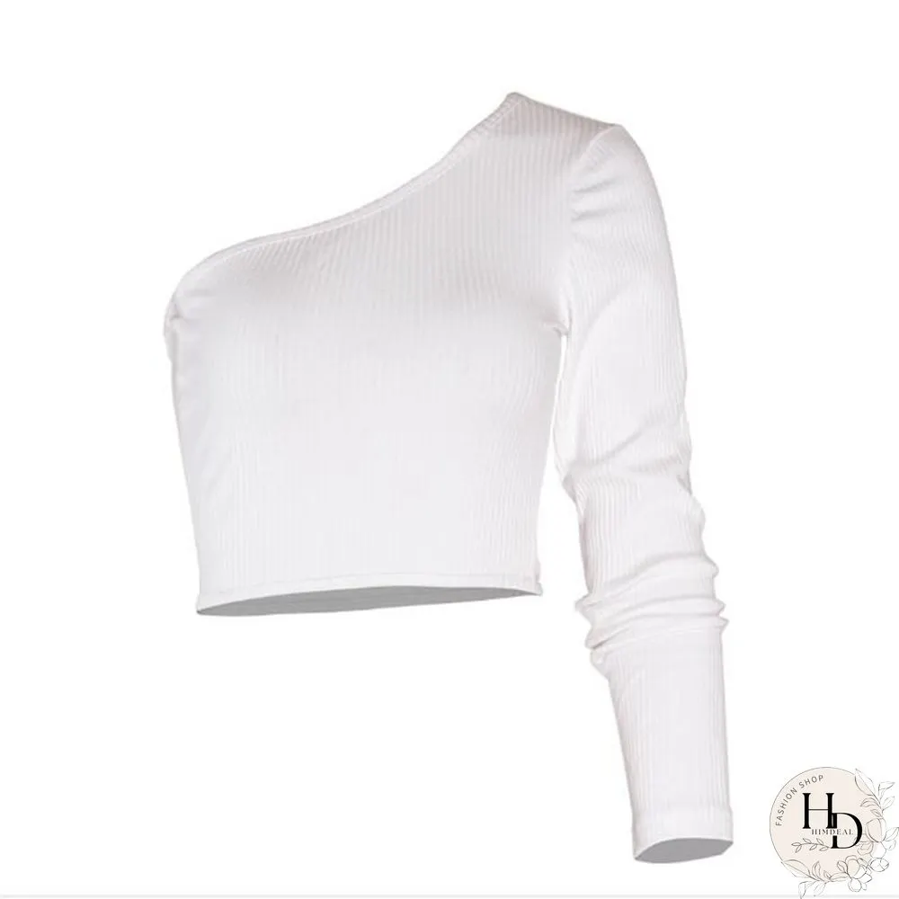 One Shoulder Long Sleeve Camisole Top Femal Knitted Crop Women Tops Streetwear Elastic