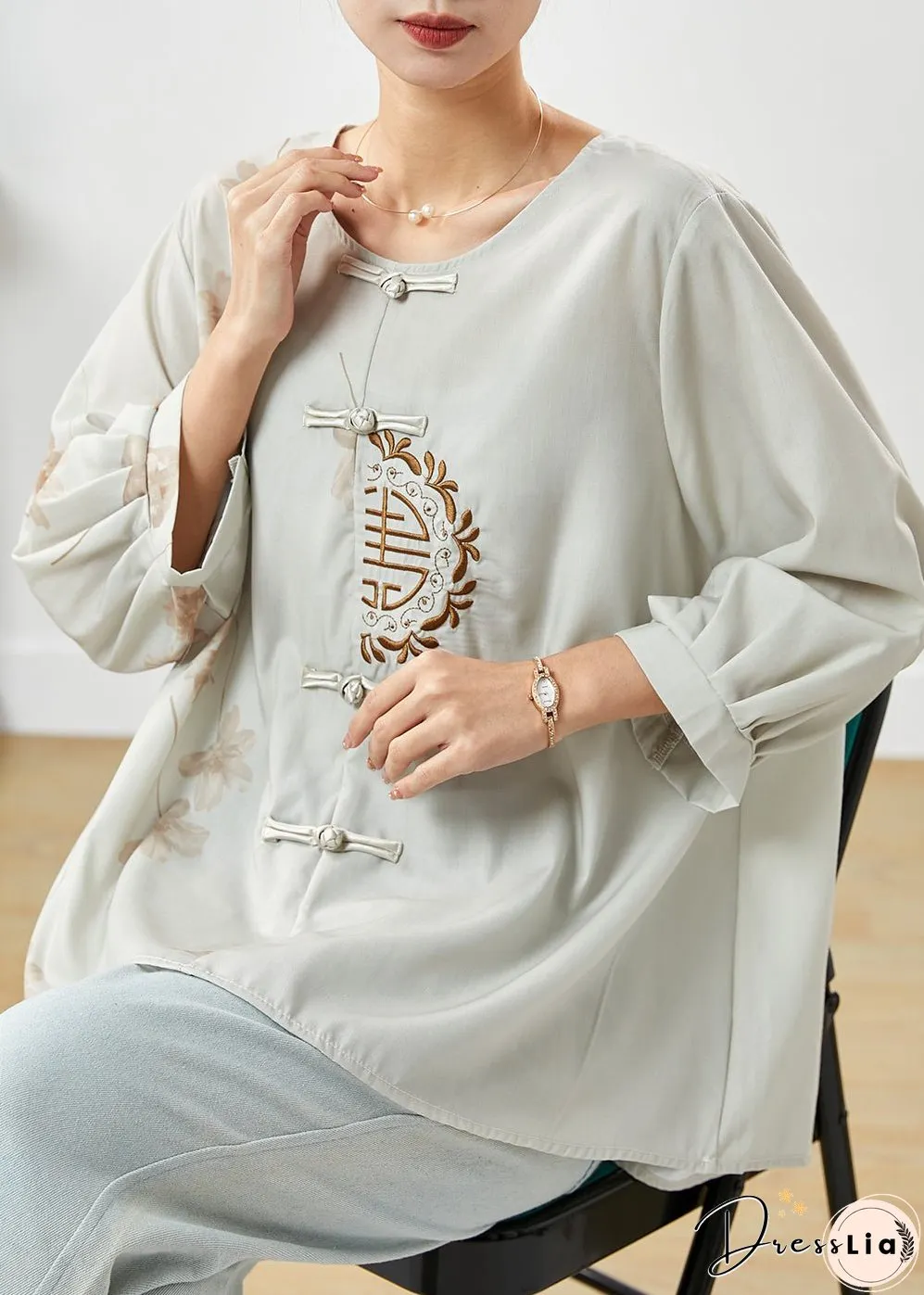 Retro Grey Embroidered Chinese Button Linen Top Summer