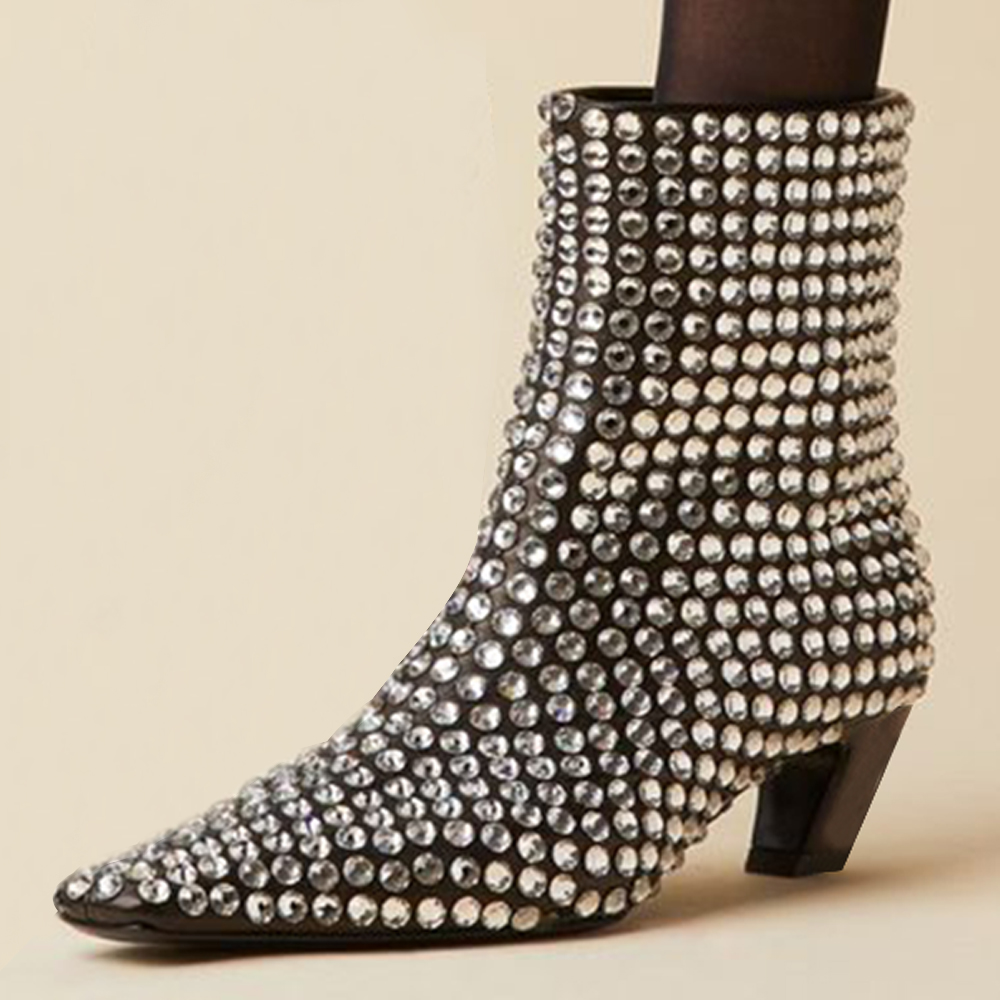 Women's Sparkly Rhinestone Embellished Chunky Heel Ankle Boots Nicepairs