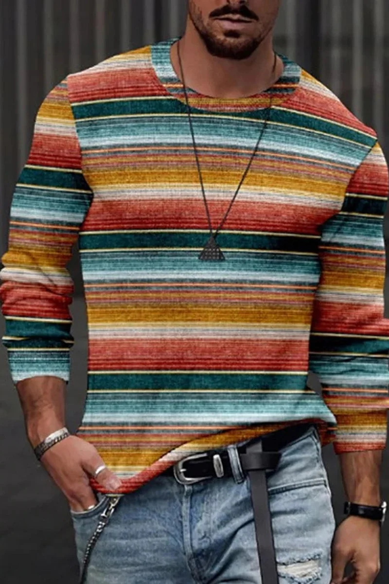 T-Shirt da uomo con collo tondo a righe con stampa girocollo a manica lunga, camicia casual