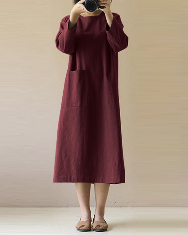 Women Long Sleeve Solid Loose Plus Size Casual Linen Dresses