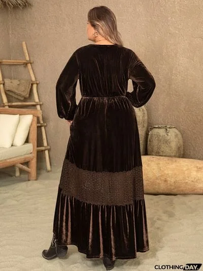 Plus Size V-Neck Balloon Sleeve Maxi Dress
