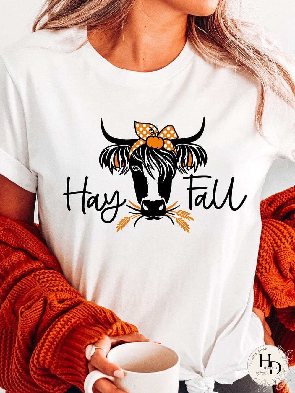 Heifer Print White Graphic Tee with "Hay Fall" Design