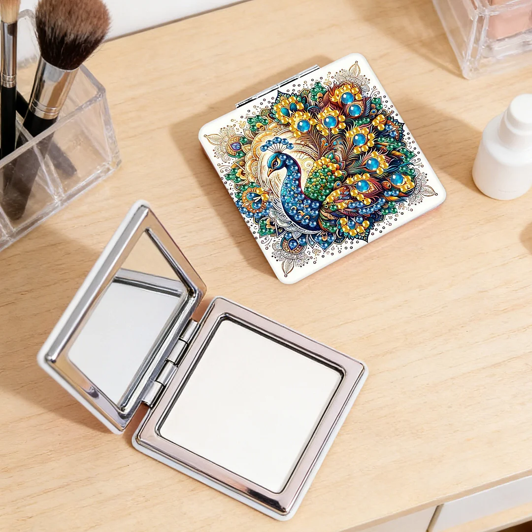 Yellow Peacock DIY Special Shaped Diamond Painting Compact Mirror Kits Diamond Art Painting Pocket Mirror for Adults and Beginners