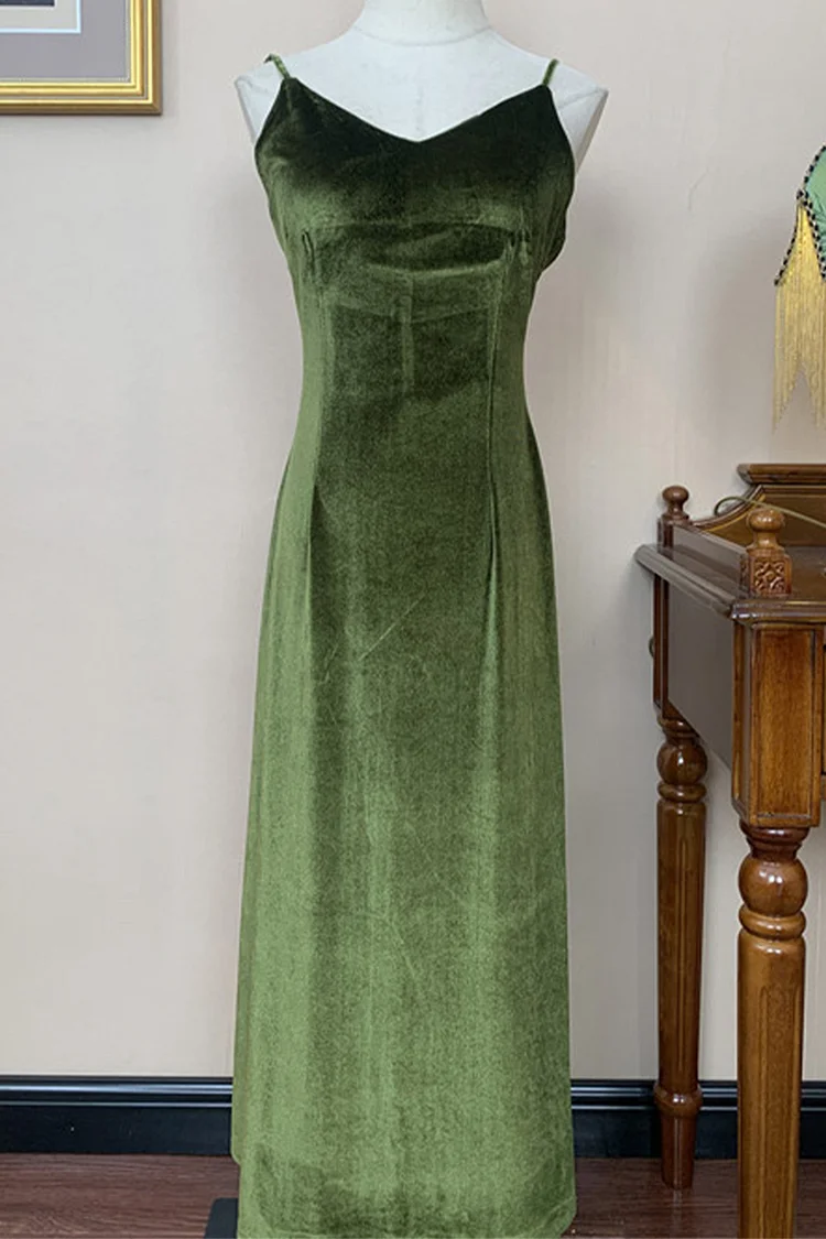 1950s Dark Green Party V Neck Velvet Cami A-line Maxi Dress