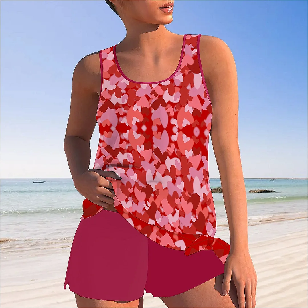 Bowknot Heart,Love,Valentine's Day Mid Waisted Tankini Set - Plus Size Available