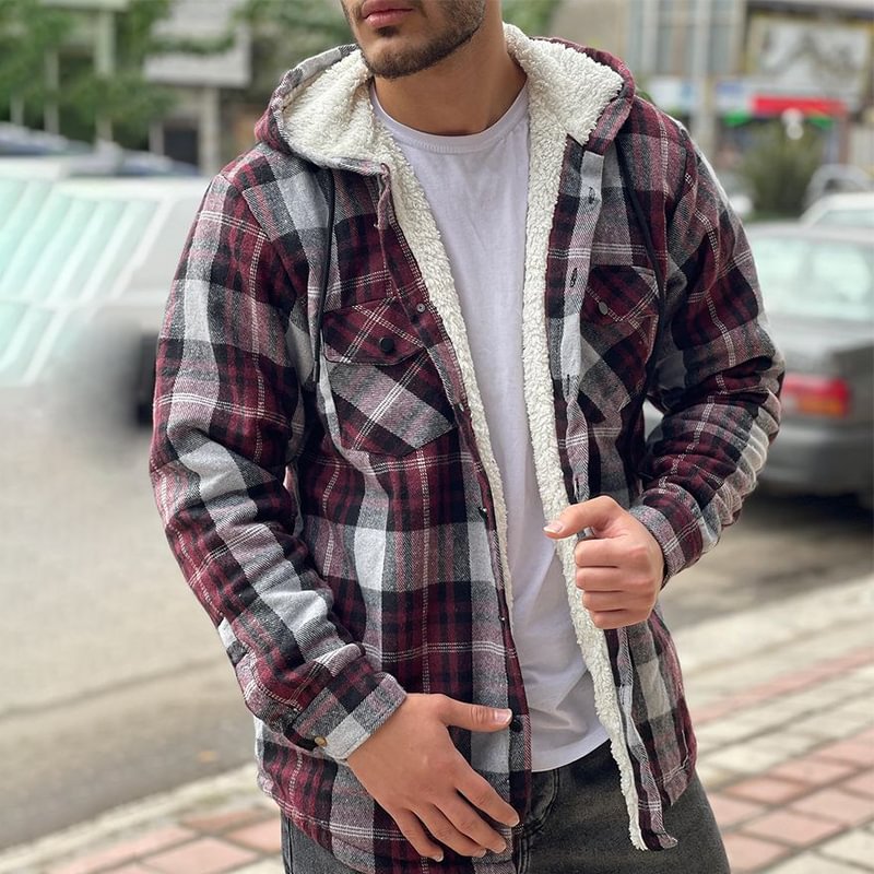 Men's Plaid Plus Velvet Padded Hooded Jacket、、URBENIE
