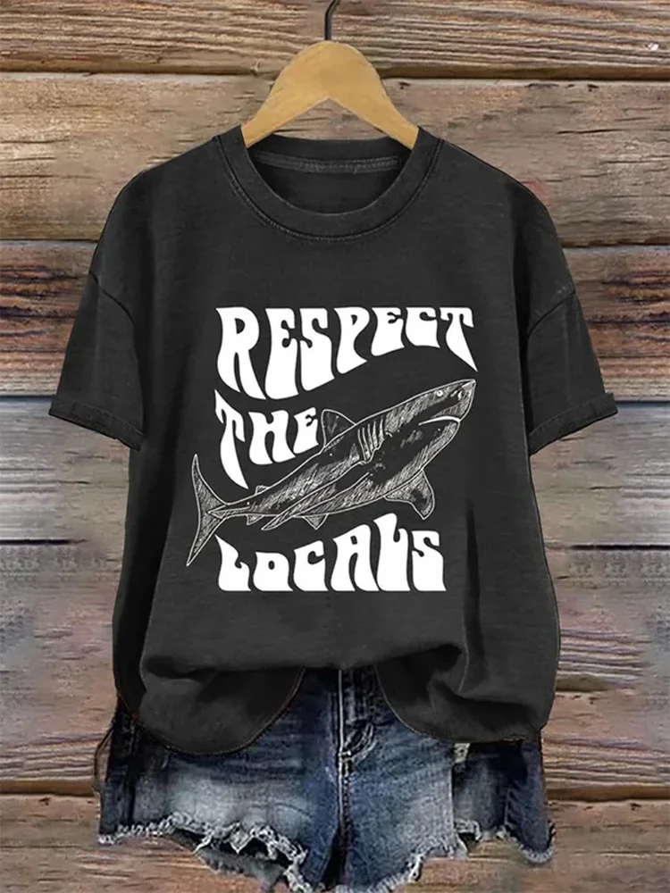 Women's Respect The Locals Shark Marine Life Conservation Art Print T-shirt