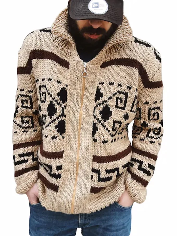 Men's Western Style Printed Knitted Zip Jacket