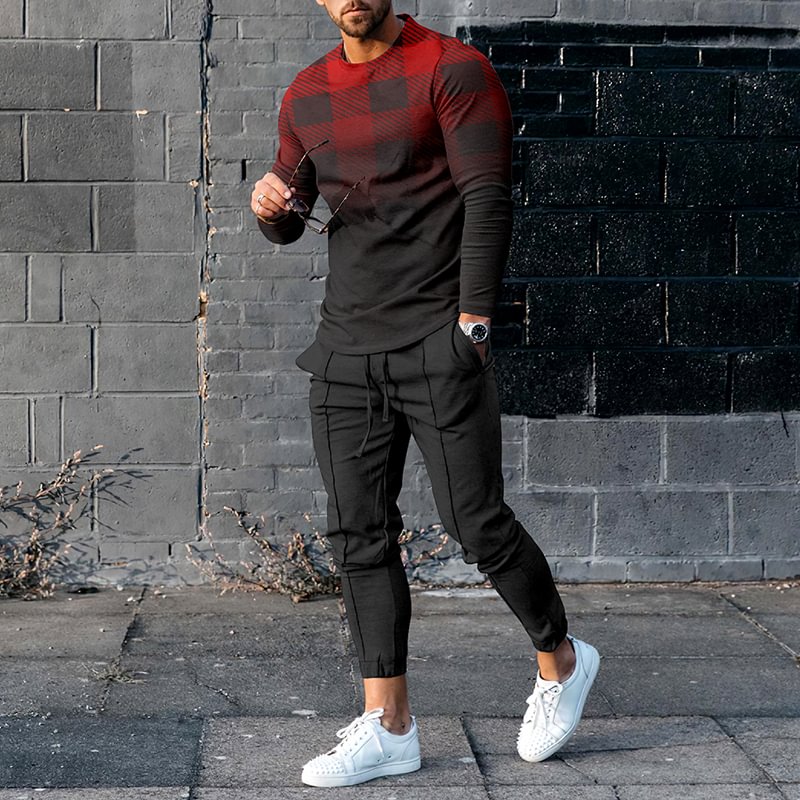 Fashion Red And Black Plaid Gradient Long Sleeve T-Shirt And Pants Co-Ord