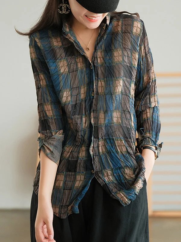 Vintage Long Sleeves Buttoned Plaid Stamped Blouses Top