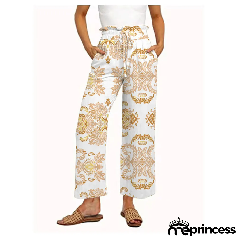 Women Casual Pants Printed Lace-Up Wide Leg Pants