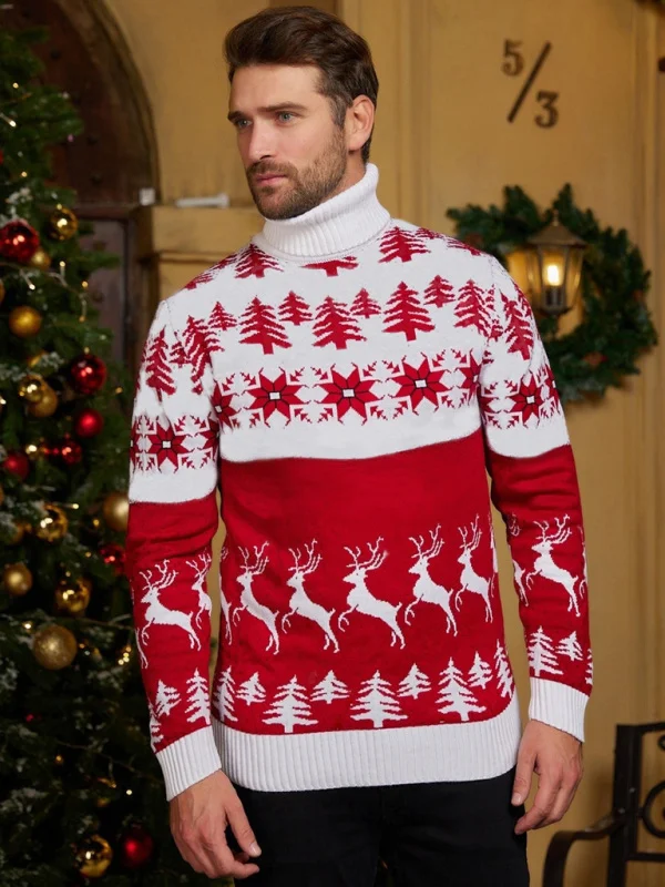 High Neck Christmas Theme Jacquard Couple Long Sleeve Sweater Flusfy