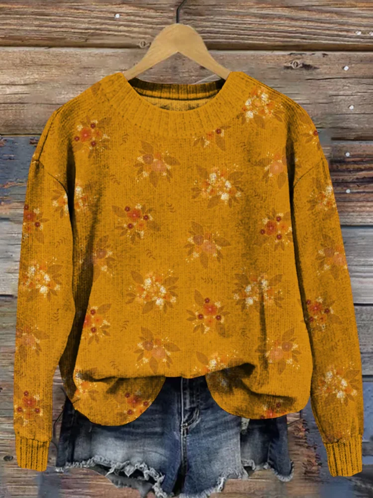 Embroidered Bouquets Ochre Pattern Comfy Knit Sweater