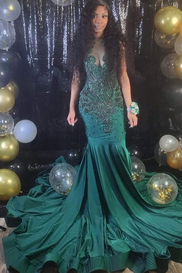 Bellasprom Dark Green Sleeveless Mermaid Prom Dress Sequins Beadings Long