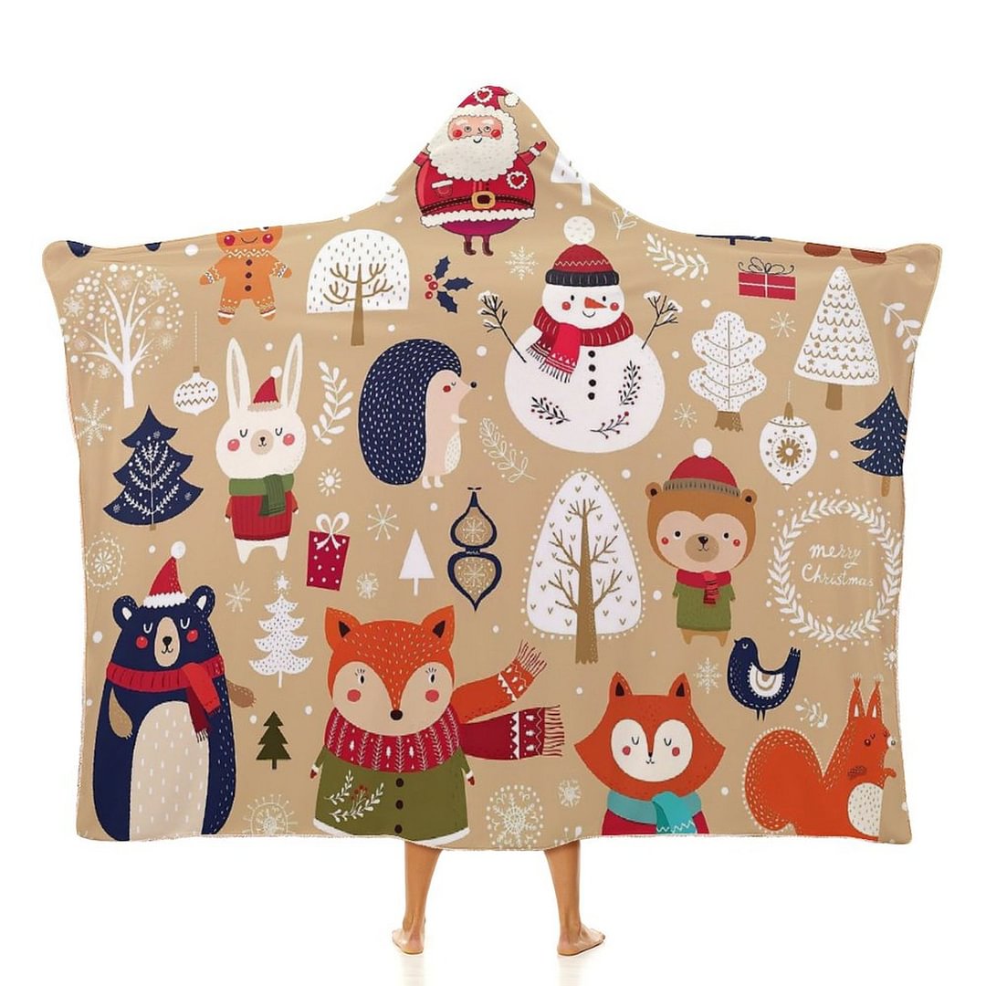 Custom Santa and Animals Khaki Hooded Blanket
