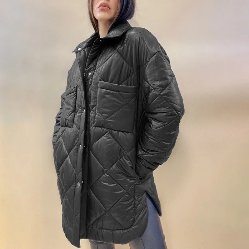 Billlnai Front Buttons Parkas Women Fashion Simple Argyle Coats Women Elegant Turn Down Collar Solid Cotton Jackets Female Ladies
