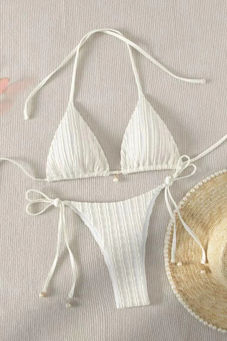 Wavy Textured Solid Color Halter Tie Up Bikini 2pcs Set-Green