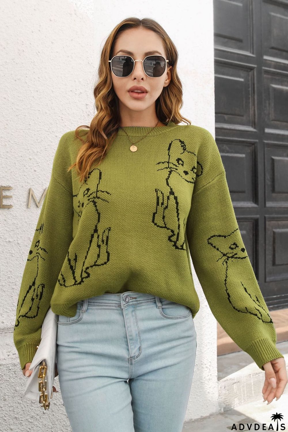 Cat Pattern Round Neck Long Sleeve Pullover Sweater