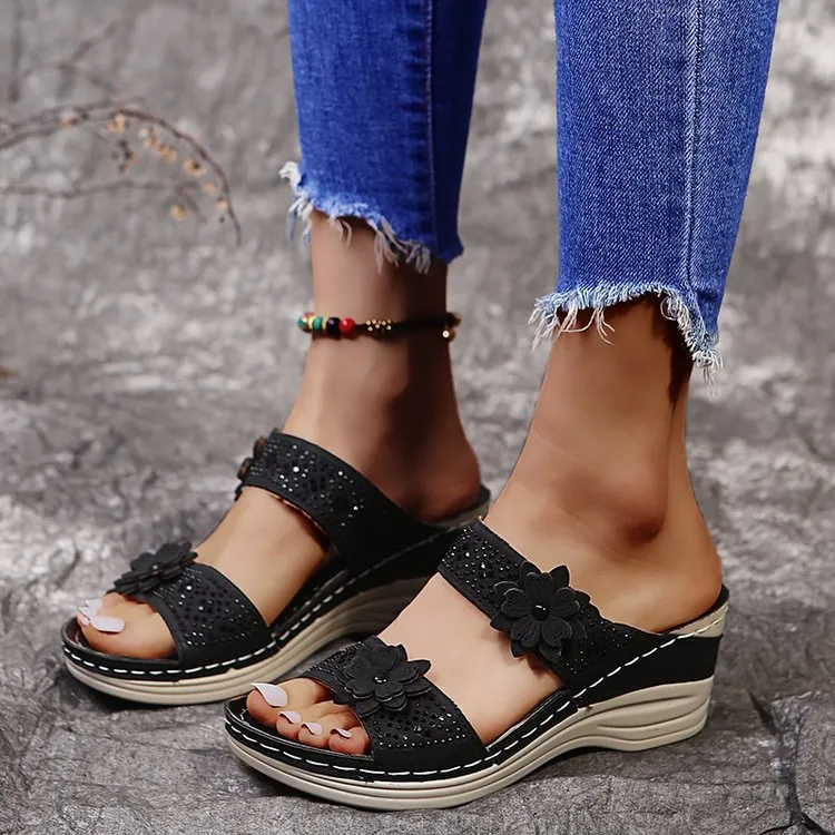 Breakj Breakj Spring And Summer New Retro Leisure Flowers Water Drilling Slope With A Word Of Women's Slope And Slippers