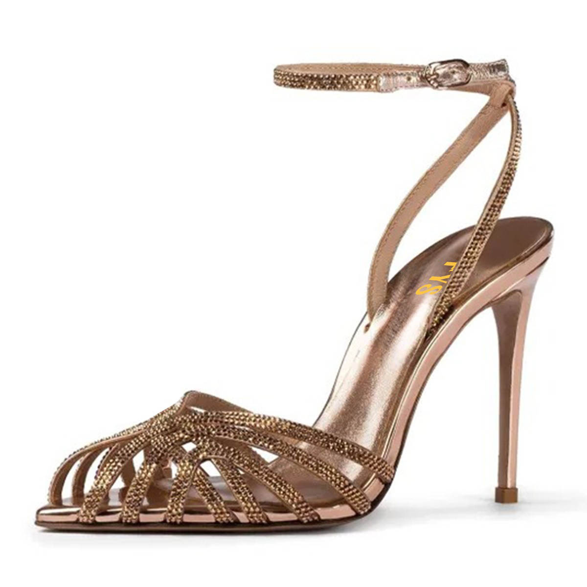 Rose Gold Rhinestone Peep Toe Caged Ankle Strap High Heels Sandals Nicepairs