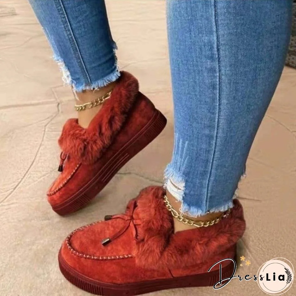 Women Bowknot Suede Faux Fur Moccasin Shoes Warm Lightweight Slippers Non-Slip Platform Shoes Winter Cute Soft Snow Boots Casual Suede Flat Plush Shoes