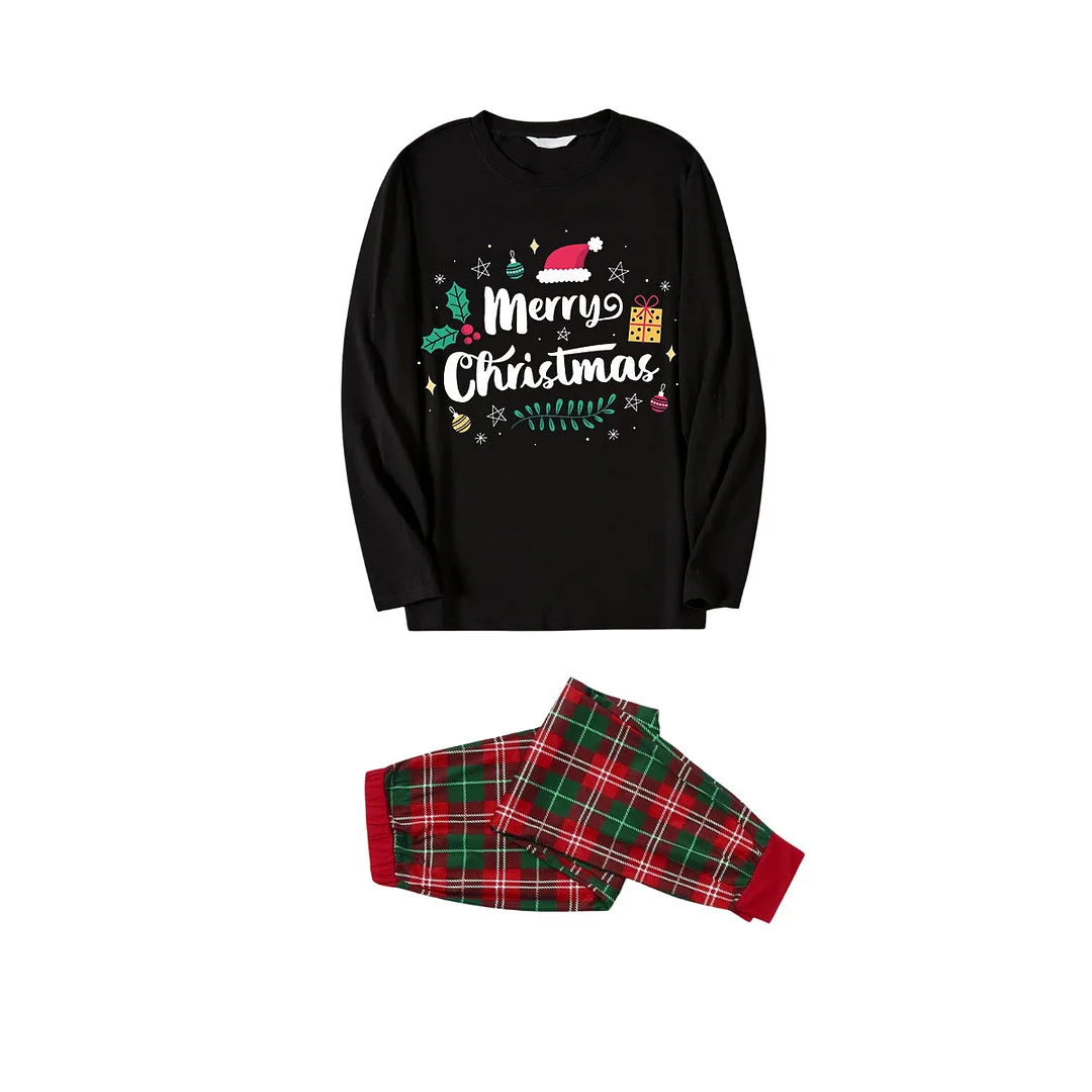 "Merry Christmas" With  Baubles-Black Top with Red & Green Plaid Pants Family Matching Pajama