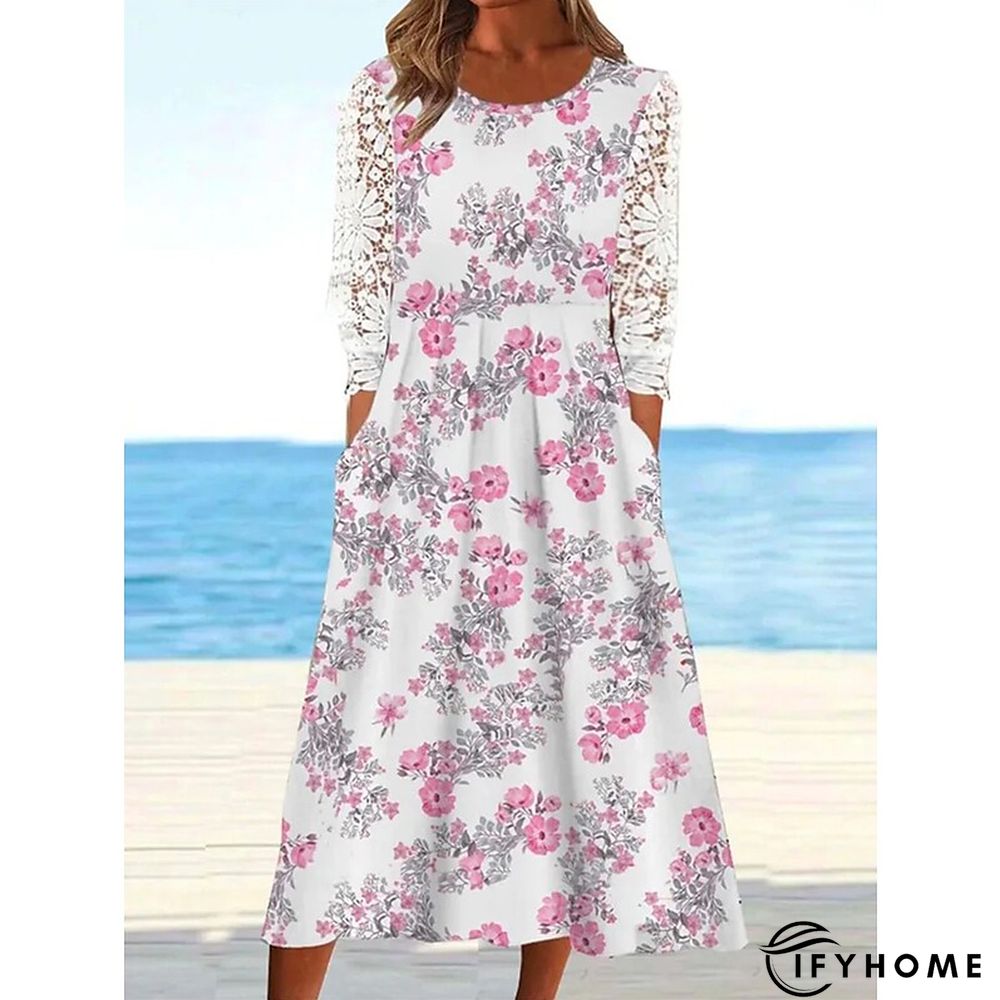 Women's Casual Dress Summer Dress Print Dress Floral Lace Print Crew Neck Midi Dress Active Fashion Daily Holiday 3/4 Length Sleeve Regular Fit White Spring Summer S M L XL XXL | IFYHOME