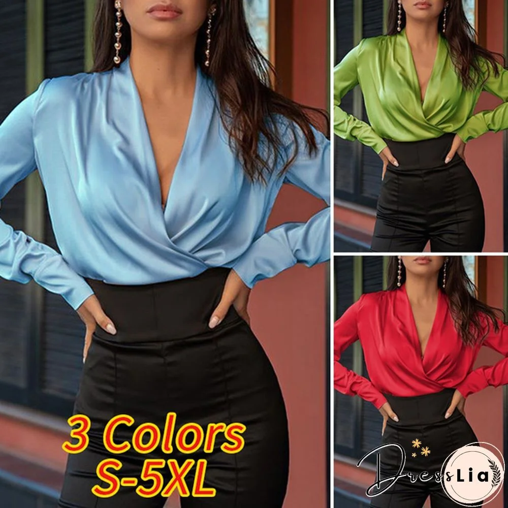 Women Long Sleeve Wrap Blouse Satin Silk V Neck Casual Elegant Shirt Plus Size Tops