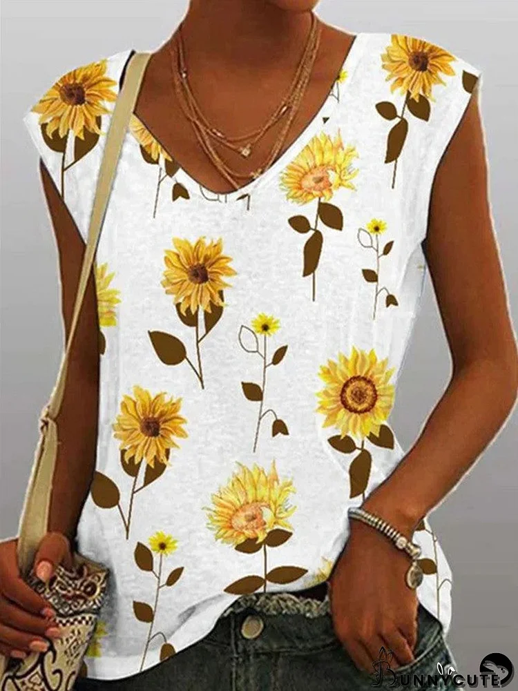 Women's Sleeveless V Neck Floral Print Casual Top