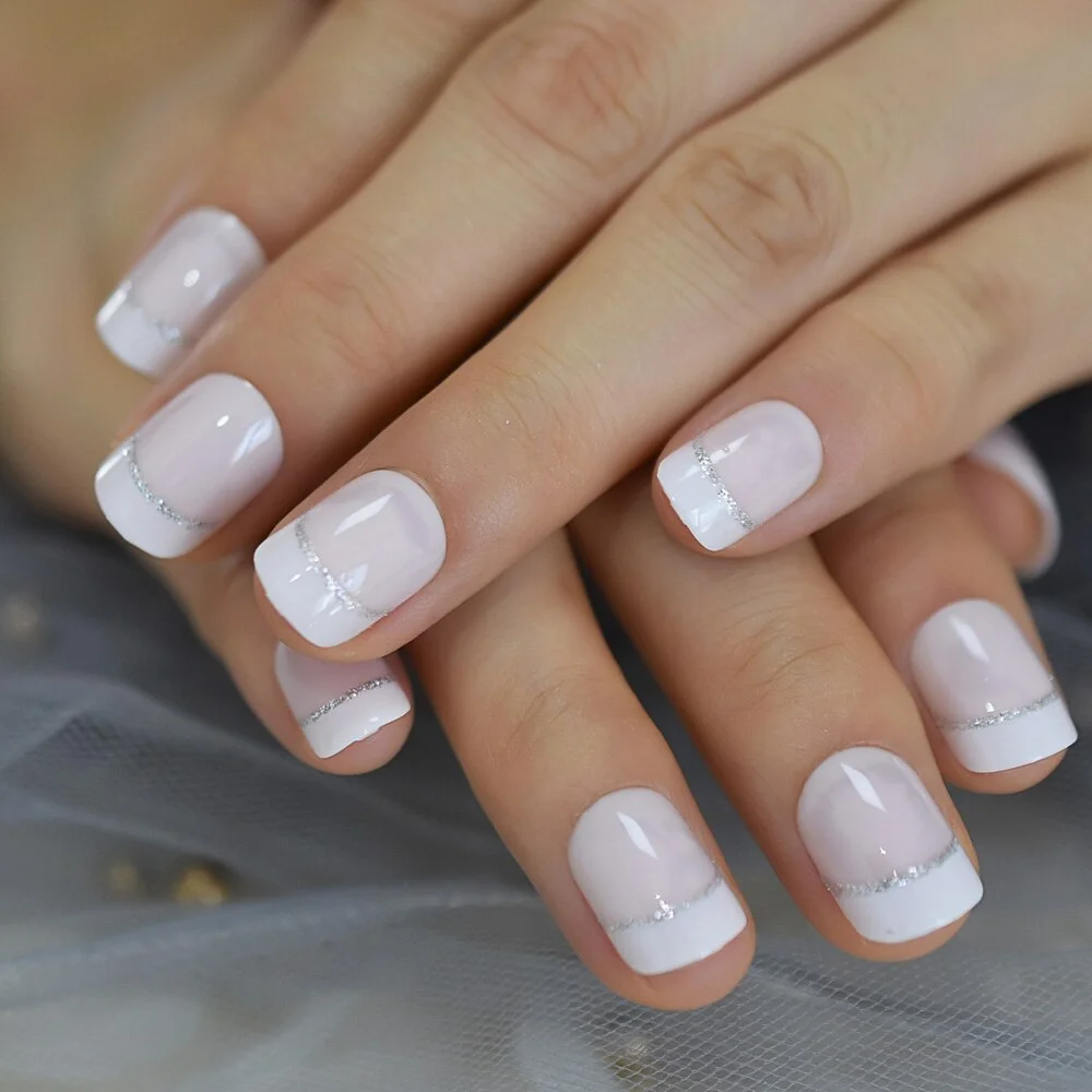 Short French Tip White Tips Beige Nude Round Faux Ongles Silver Line Designed Smile Line French Nails Colors for Choose