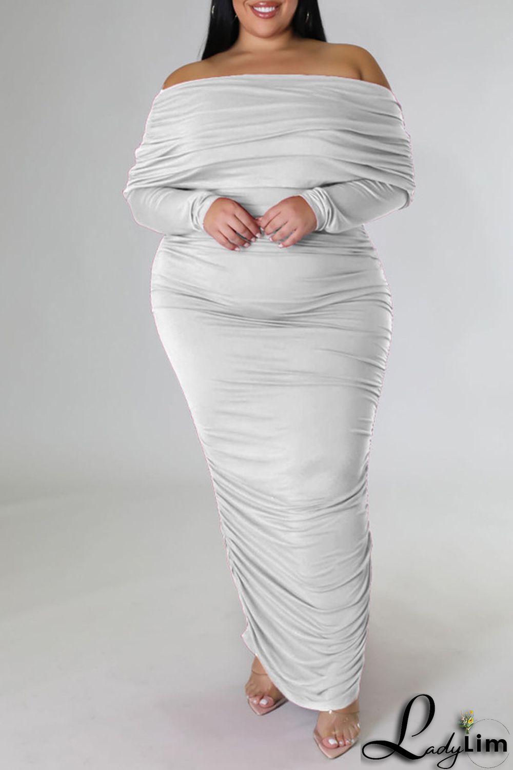 Rose Red Sexy Solid Patchwork Fold Off the Shoulder Pencil Skirt Plus Size Dresses