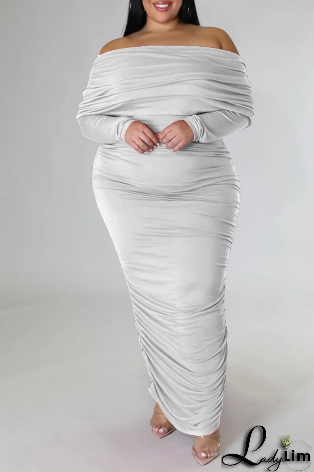 Rose Red Sexy Solid Patchwork Fold Off the Shoulder Pencil Skirt Plus Size Dresses