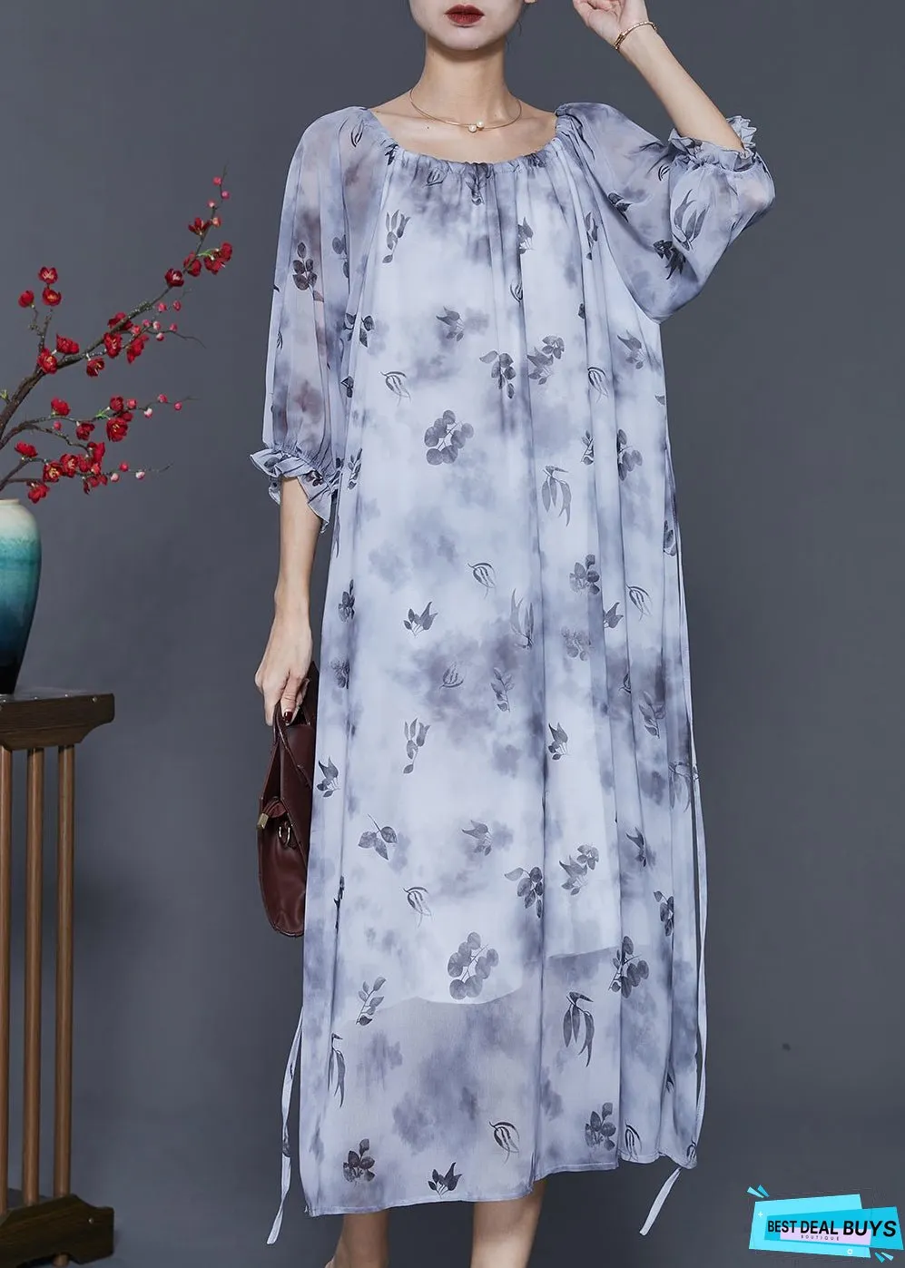 Women Grey Print Tie Dye Chiffon Long Dress Half Sleeve