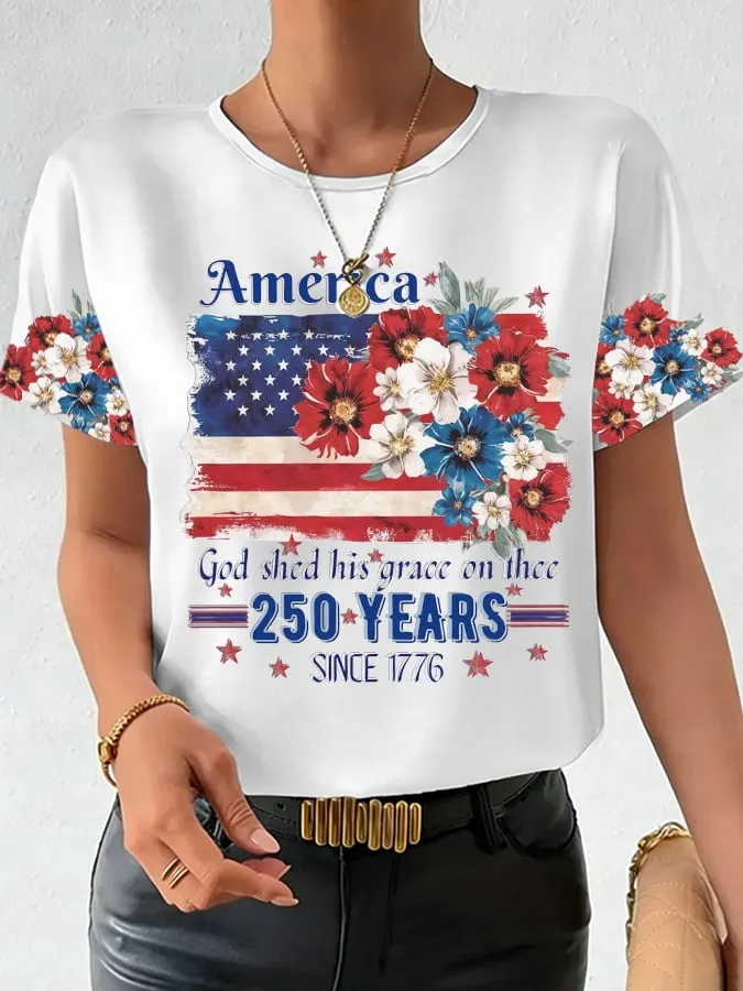 Women's 250th Anniversary National Flag Floral Print Casual T-Shirt