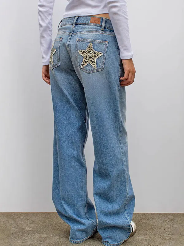 Brownm Retro Leoparden Print Stern Boyfriend Jeans