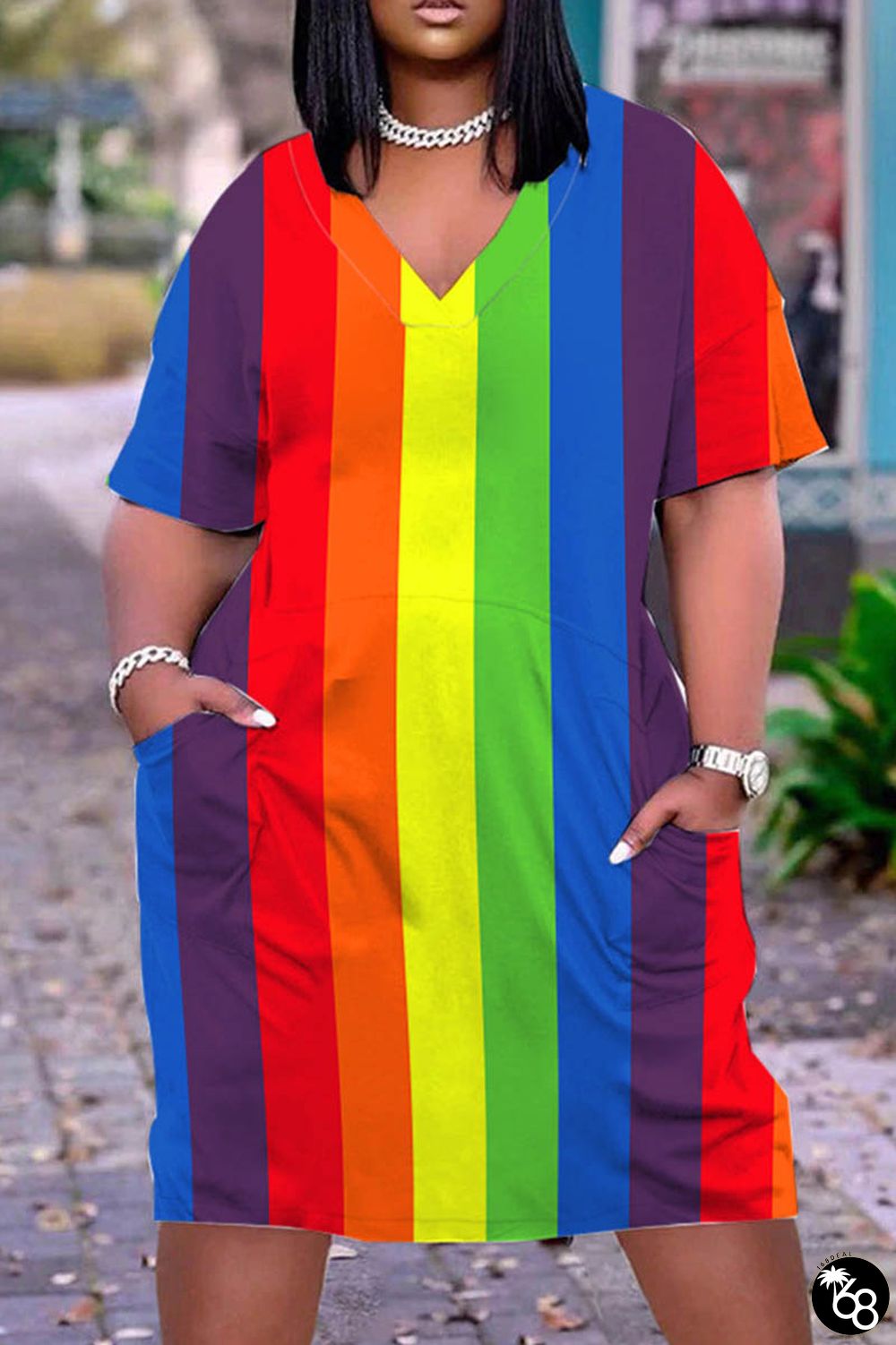 Multicolor Casual Print Basic V Neck Short Sleeve Dress | 168DEAL
