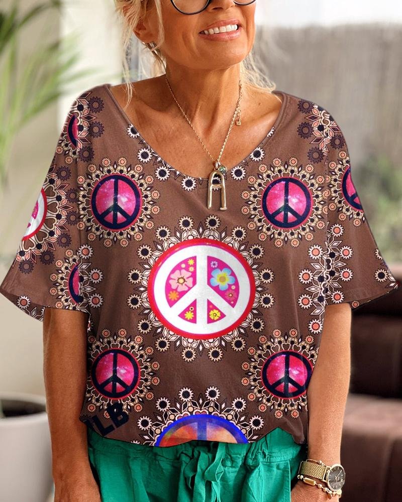 Hippie Dark Brown Print Daily V Neck T-shirt