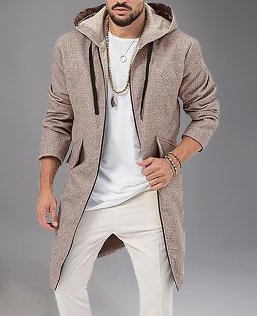 Casual Woolen Two-Way Zipper Pockets Drawstring Hooded Overcoat