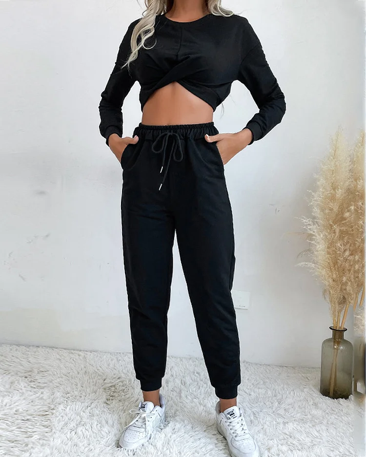 Casual Solid Color Long Sleeve Two-piece Set
