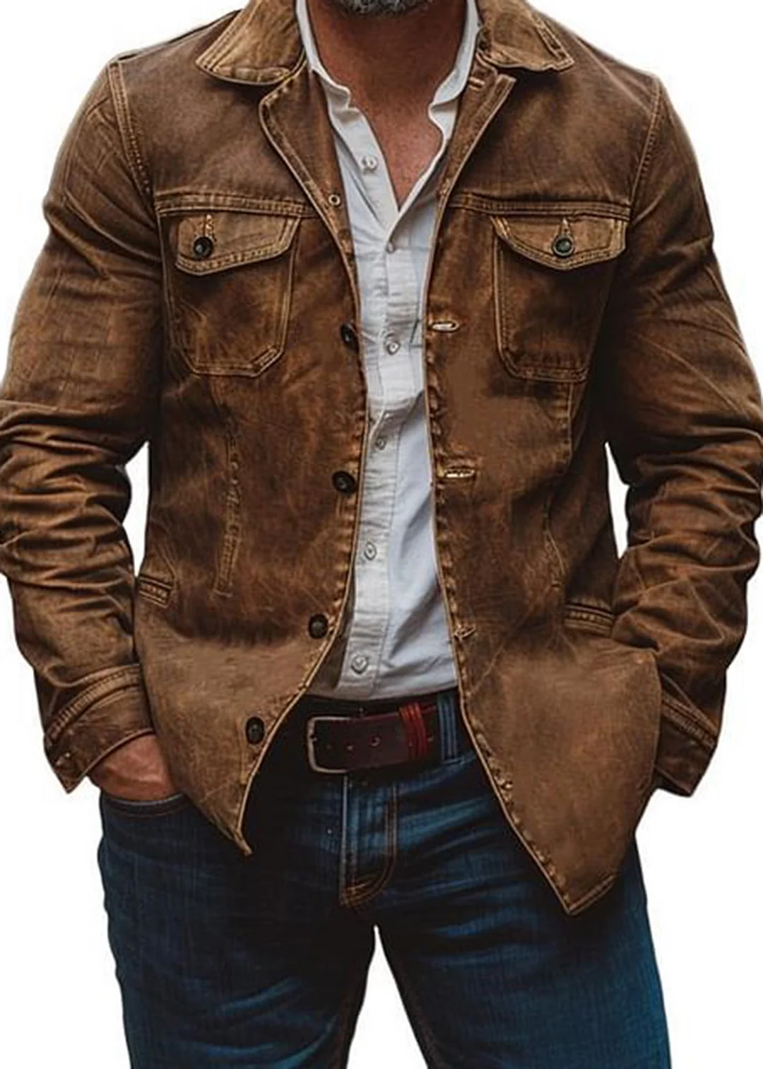 Men's Vintage Heavy Washed Leather Lapel Single Breasted Multi-Pocket Work Jacket