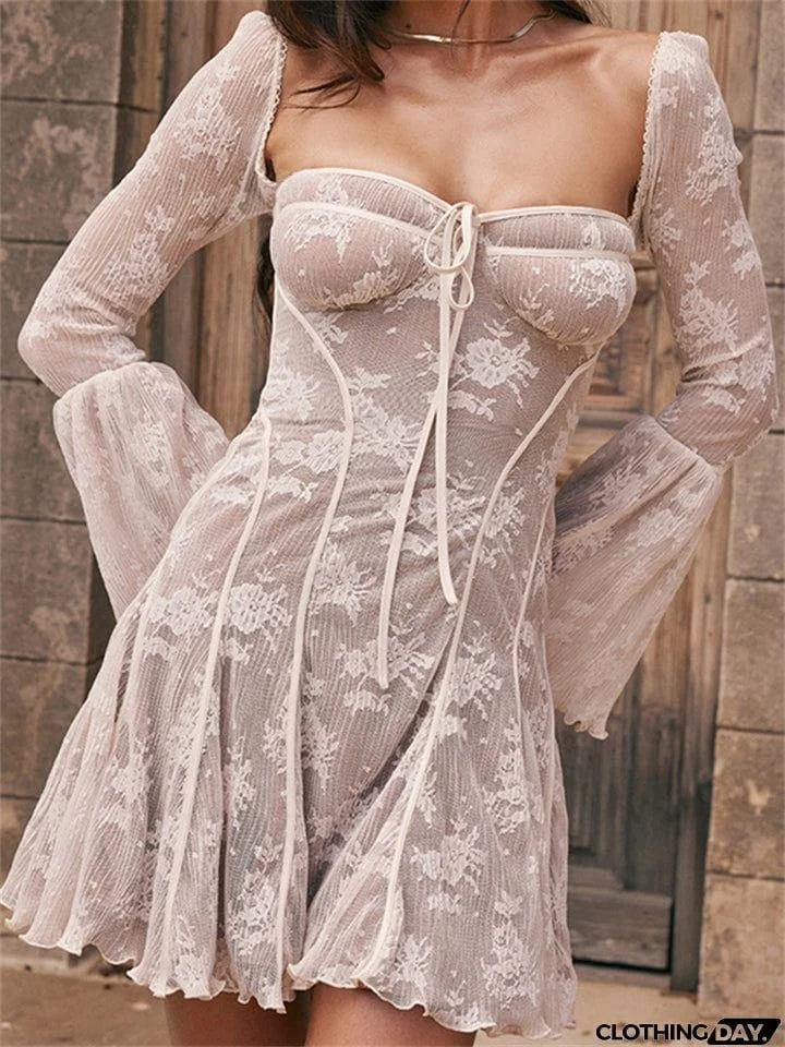 Flared Sleeve Ruffle Sexy Lace Dress for Ladies