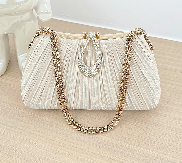 Women's Pleated Evening Clutch &ndash; Teardrop Buckle Chain Bag, Elegant Party Wedding Shoulder Bag