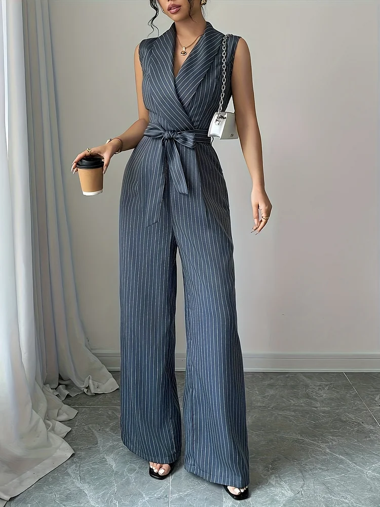 Women's French Elegant Pantsuit - V-Neck Wide-Legged Troussey With Drawstring Waist, Non-Stretch Office To Party Outfit Dark Tones - Chic Business Casual Pants For Women, Formal Attire For Women, Decorative Waist Belt, Summer Fashion, Machine Washable